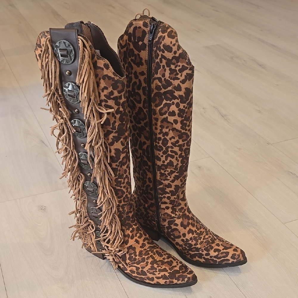 Naughty Monkey Size 8.5 Rodeo Doll Leopard Print Fringe Boots